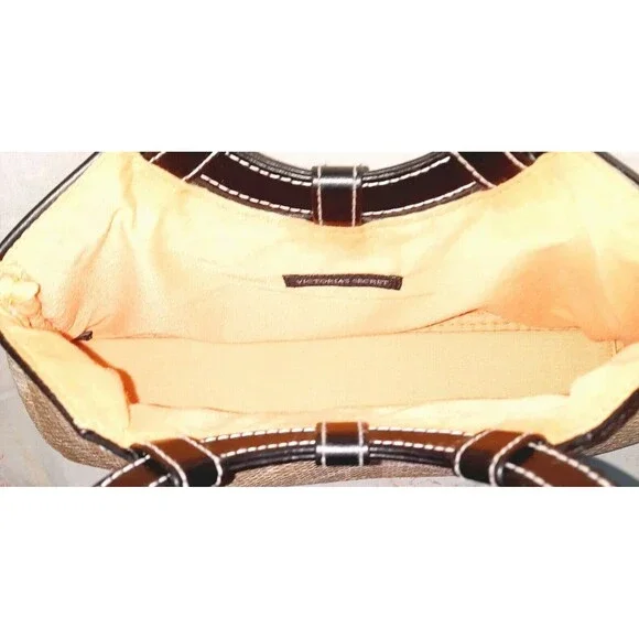 Vintage 90s Victoria's Secret Tan Plaid Straw Purse Bag Faux Leather Handle EUC - Picture 3 of 3